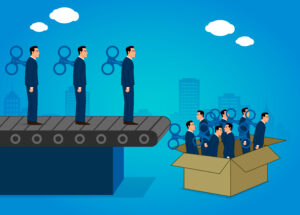 Production of robot, employee, worker, labor slave…Productivity, profitability and work team.